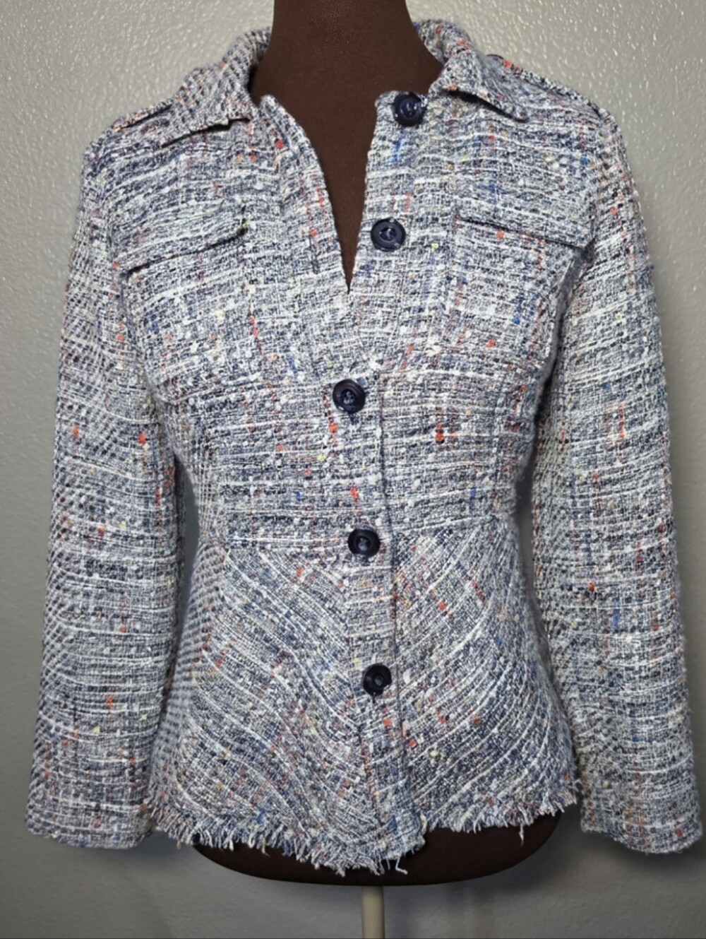 Chico’s  Tweed Bouclé Jacket Blue Multicolor Fringe Hem Blazer